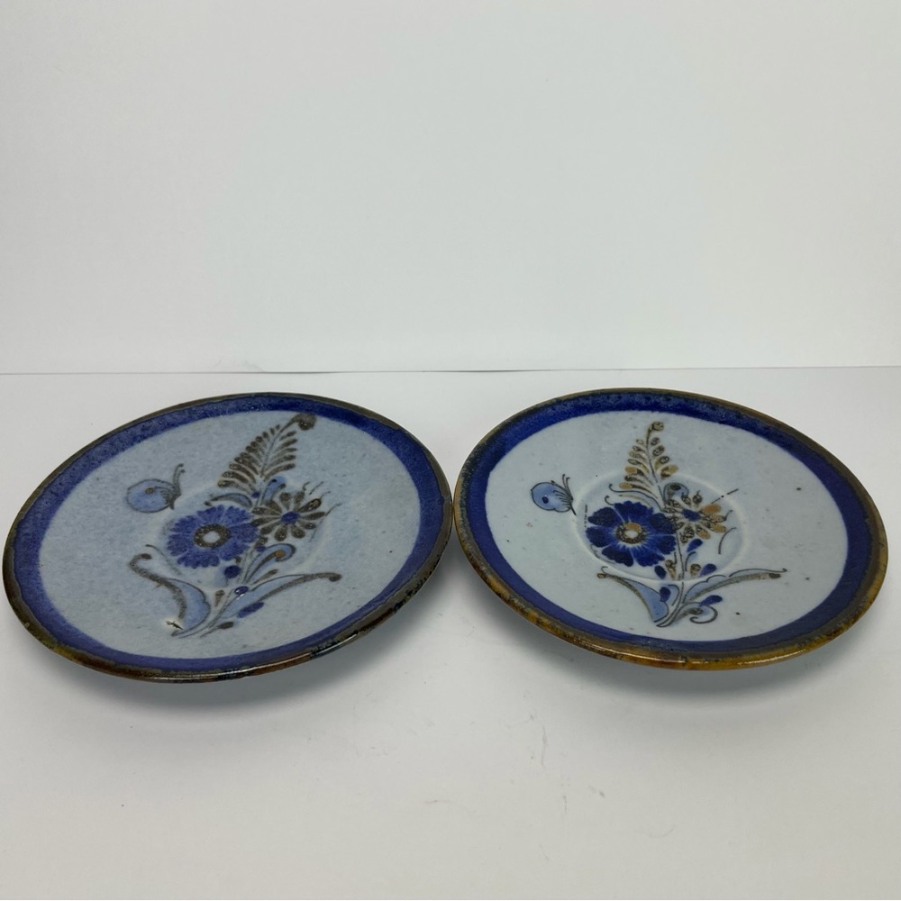 Talavera Mexican Pottery Hand Painted 2 Saucers Floral Mexico Pair Vintage